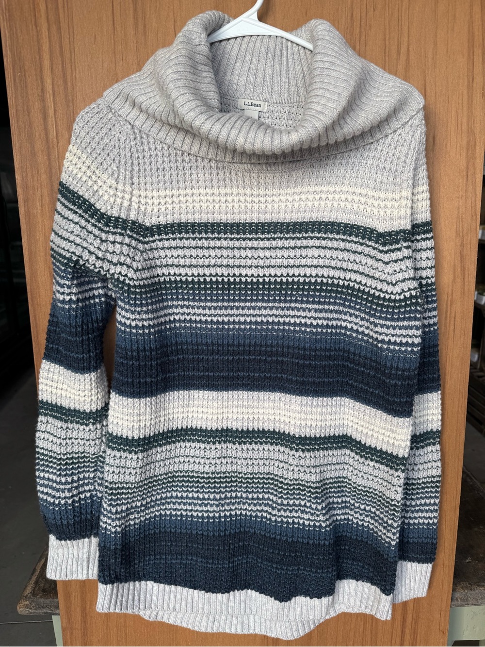 L.L. Bean Women's Cotton/Merino Wool/Nylon Cowl Neck Striped Waffle Knit Sweater